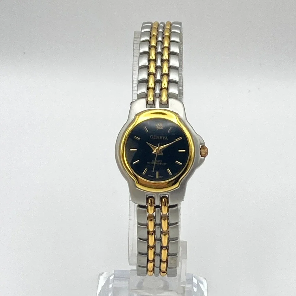 Geneva Women's Watch 24mm Gold Silver Two Tone Black Dial New Battery 7.75